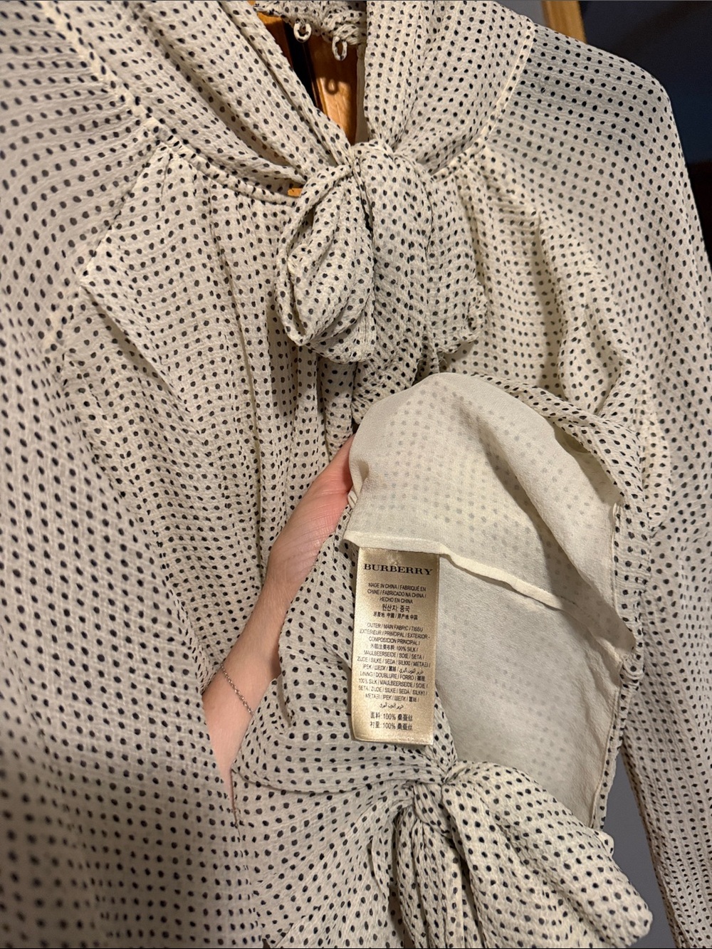 Burberry Cream Blouse with Black Dot Tie-Neck